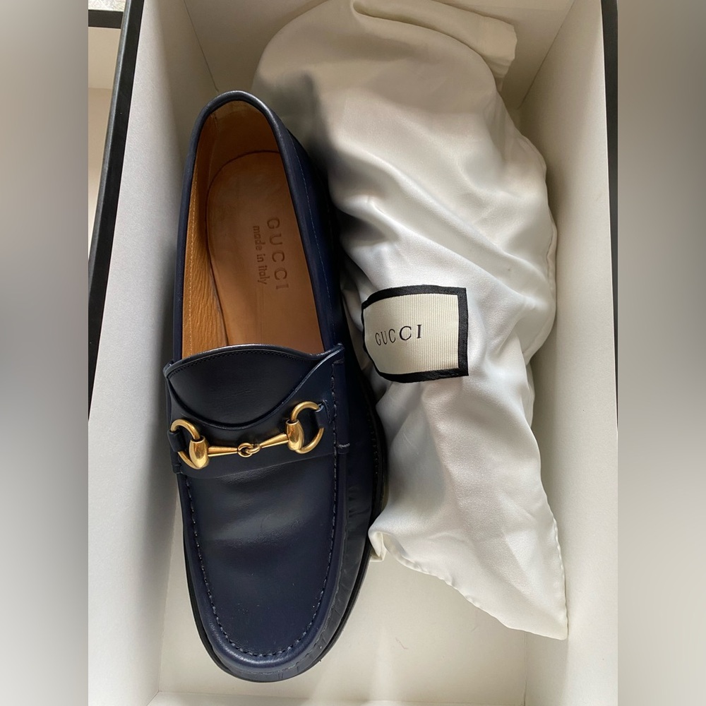 Gucci Blue and Gold Loafers with Horsebit Detail